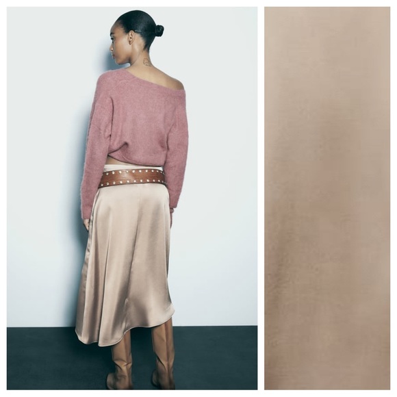 NWT. Zara Beige-Pink Satin A-Line Silhouette High Waist Midi Skirt Size M. - Picture 6 of 12